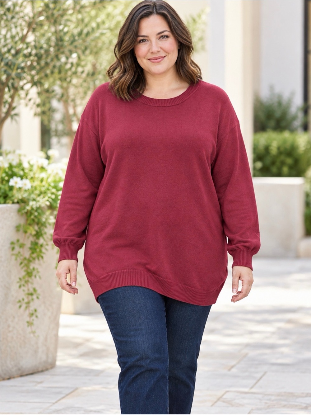 Women's Relaxed Crewneck Sweater in Deep Wine size 3x